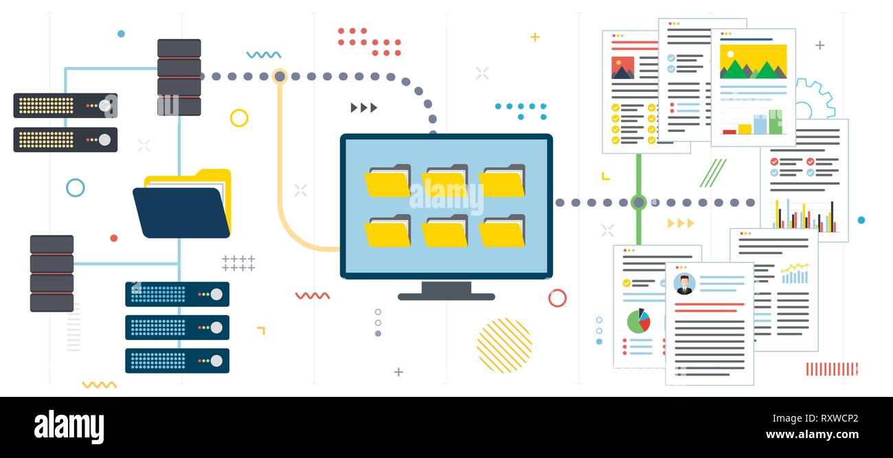 Dati del server, connessione sicura e il trasferimento di file. Lo storage cloud, backup e condivisione file. I dati di accesso del server, l'accesso ai file e la condivisione di dati. Appartamento desig Illustrazione Vettoriale