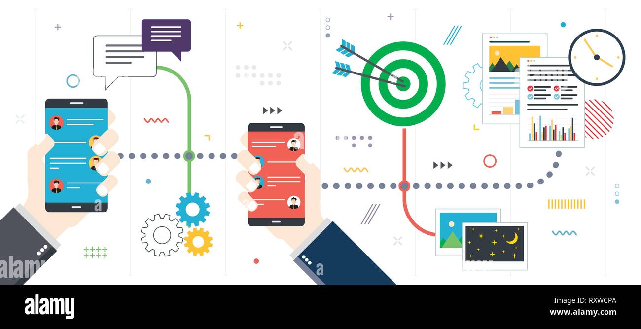 Comunicazione, invio di fotografie e video dall'applicazione messaggio, la condivisione di file di dati.concetto di business e di comunicazione, social media e interne Illustrazione Vettoriale