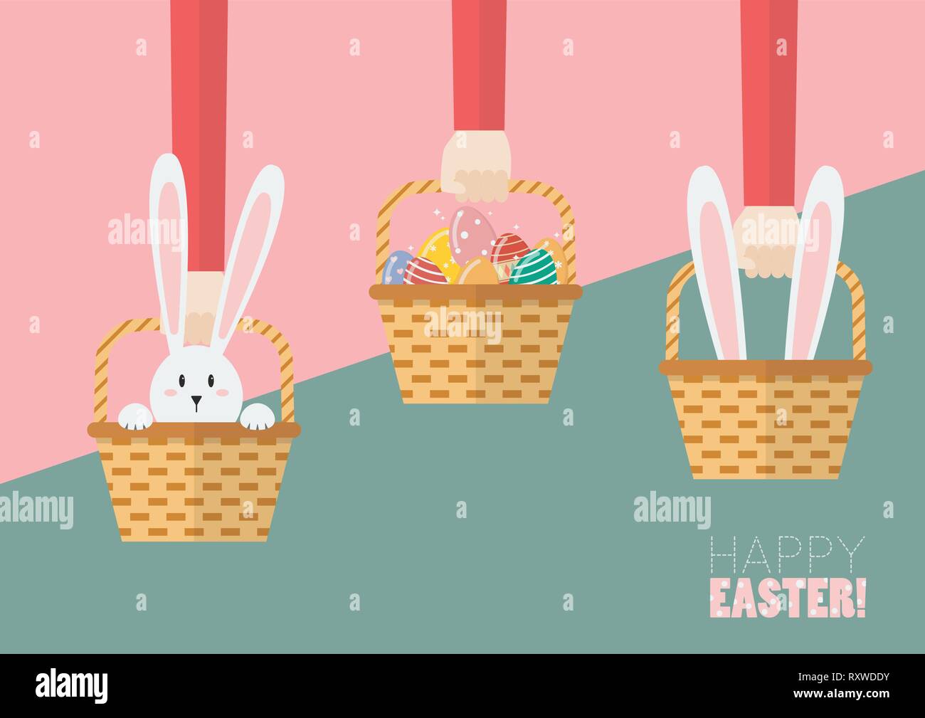 Le mani sono holding cesti pasquali. Pasqua biglietto di auguri Illustrazione Vettoriale
