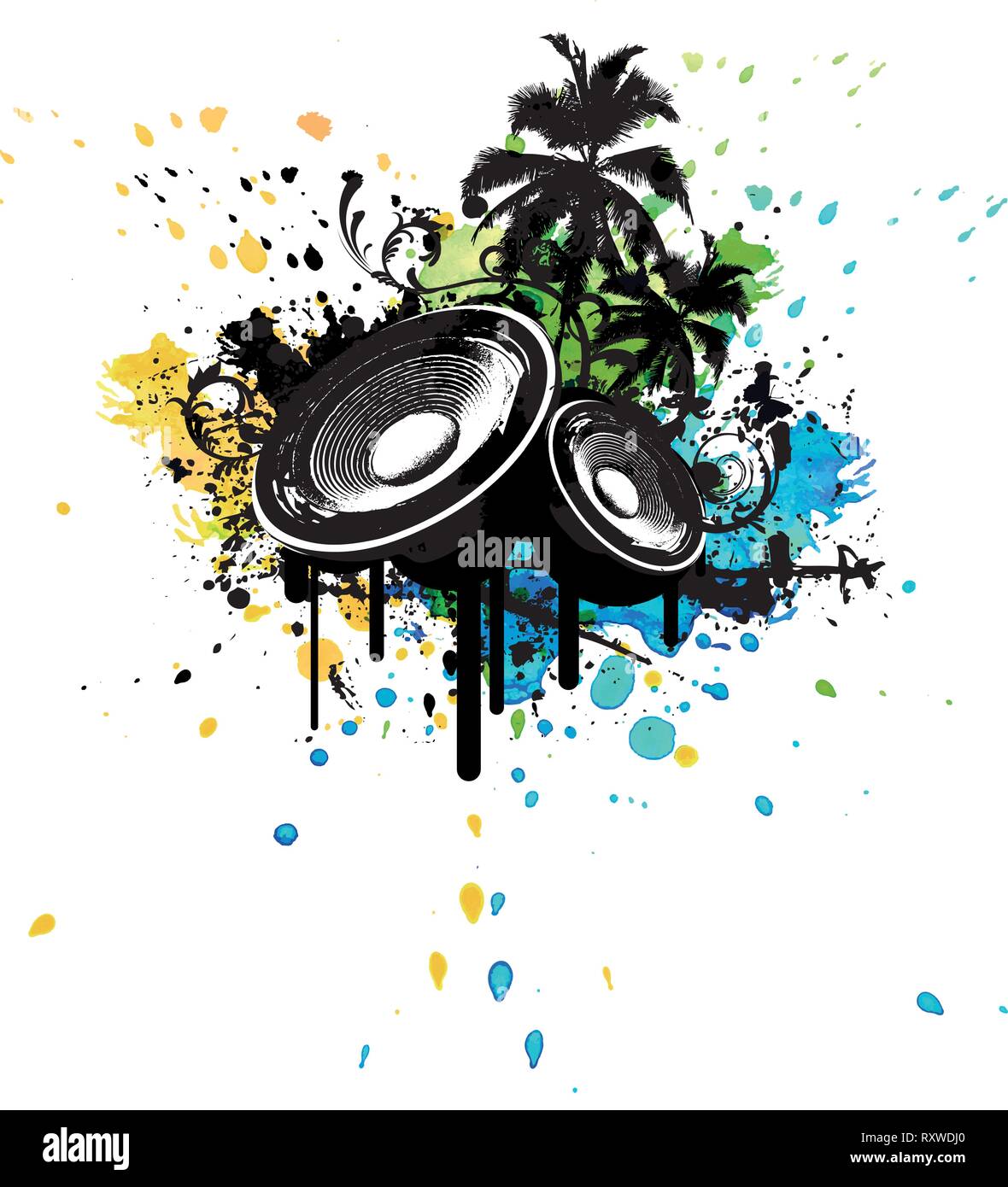 Grunge casella di partito in stereo poster con palme e acquerello schizzi in background Illustrazione Vettoriale