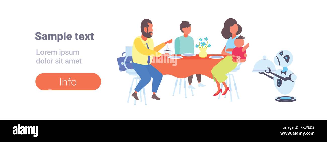 Il robot cameriere che serve cibo ai visitatori la famiglia seduti al ristorante La tabella di intelligenza artificiale concetto sfondo bianco spazio copia banner orizzontale Illustrazione Vettoriale