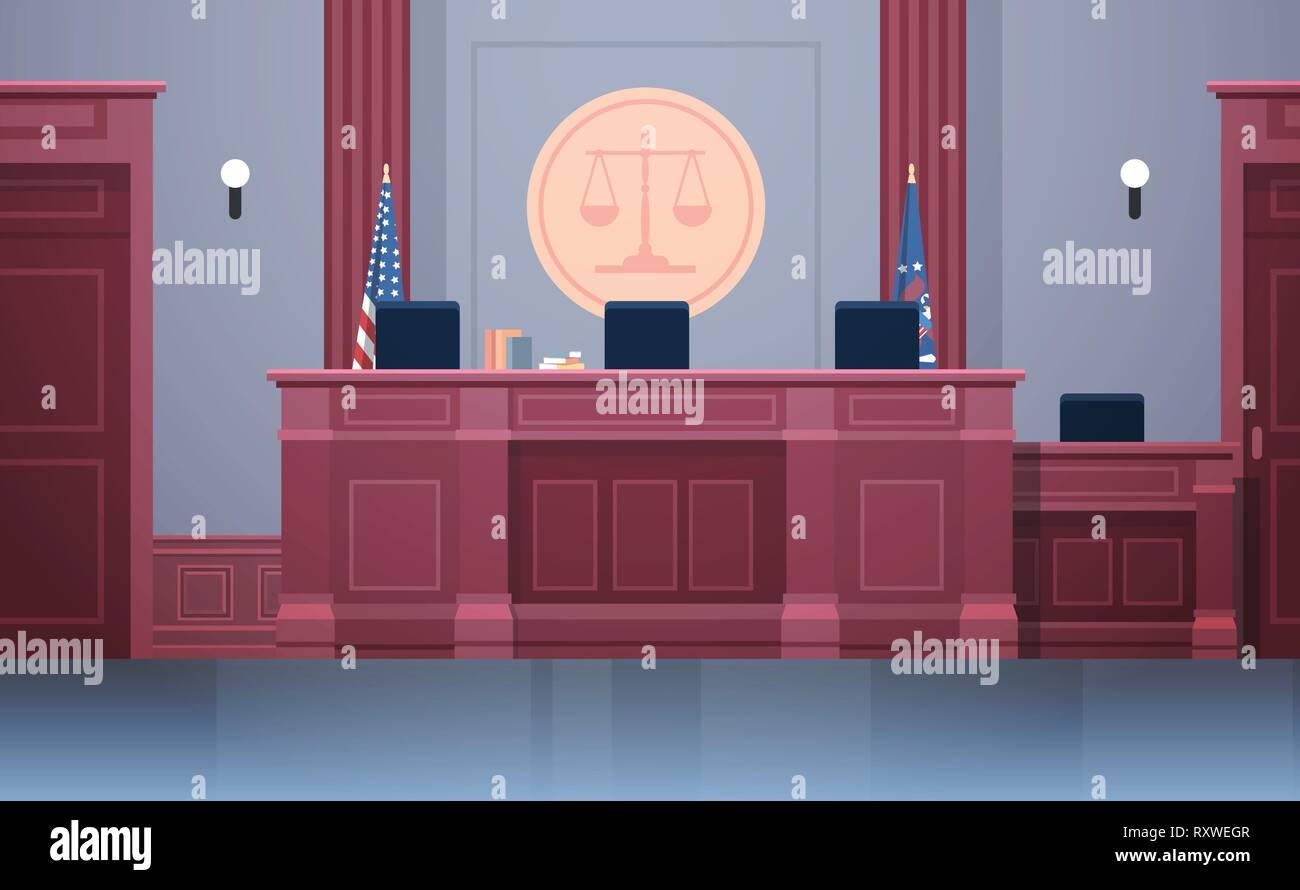 Aula vuota con il giudice del luogo di lavoro tavolo e sedie moderne courthouse interno della giustizia e della giurisprudenza concetto orizzontale Illustrazione Vettoriale