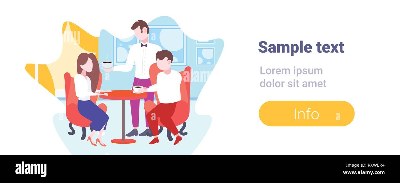 I camerieri che servono caffè ai visitatori giovane seduto a tavola ristorante moderno Cafe' interno personale concetto di ospitalità piana orizzontale di lunghezza completa copia Illustrazione Vettoriale