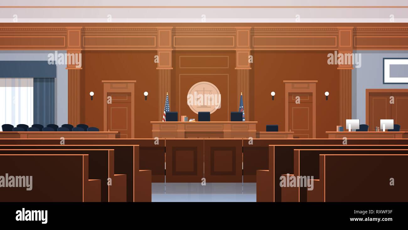 Aula vuota con il giudice e segretario workplace giuria box sedi moderne courthouse interno della giustizia e della giurisprudenza concetto orizzontale Illustrazione Vettoriale
