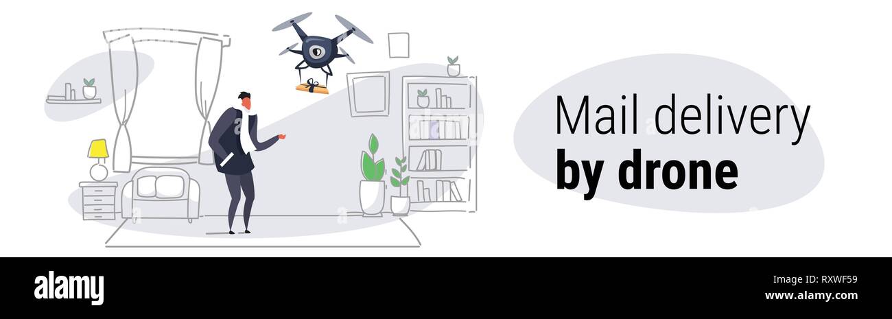 L uomo come ottenere i pacchi regalo da quadcopter express air mail delivery da fuco concetto moderno appartamento living room interior disegno doodle orizzontale Illustrazione Vettoriale