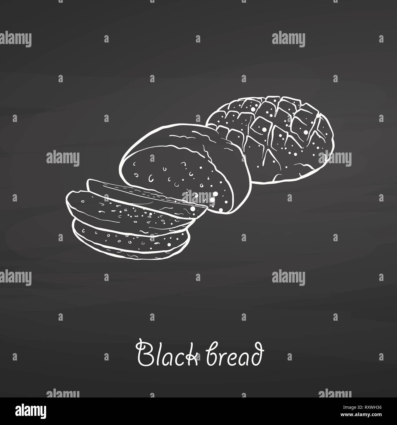 Pane nero cibo disegna sulla lavagna. Il disegno vettoriale del pane di segale, di solito conosciuto in Europa. Illustrazione alimentare serie. Illustrazione Vettoriale
