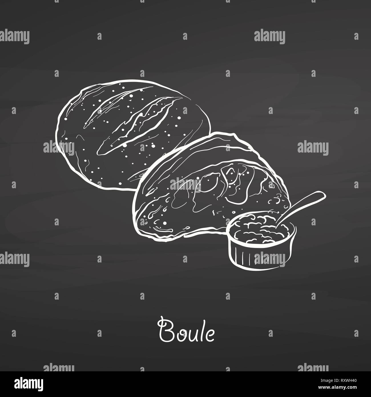 Boule cibo disegna sulla lavagna. Per il disegno vettoriale di lievito di pane, usualmente noto in Francia. Illustrazione alimentare serie. Illustrazione Vettoriale