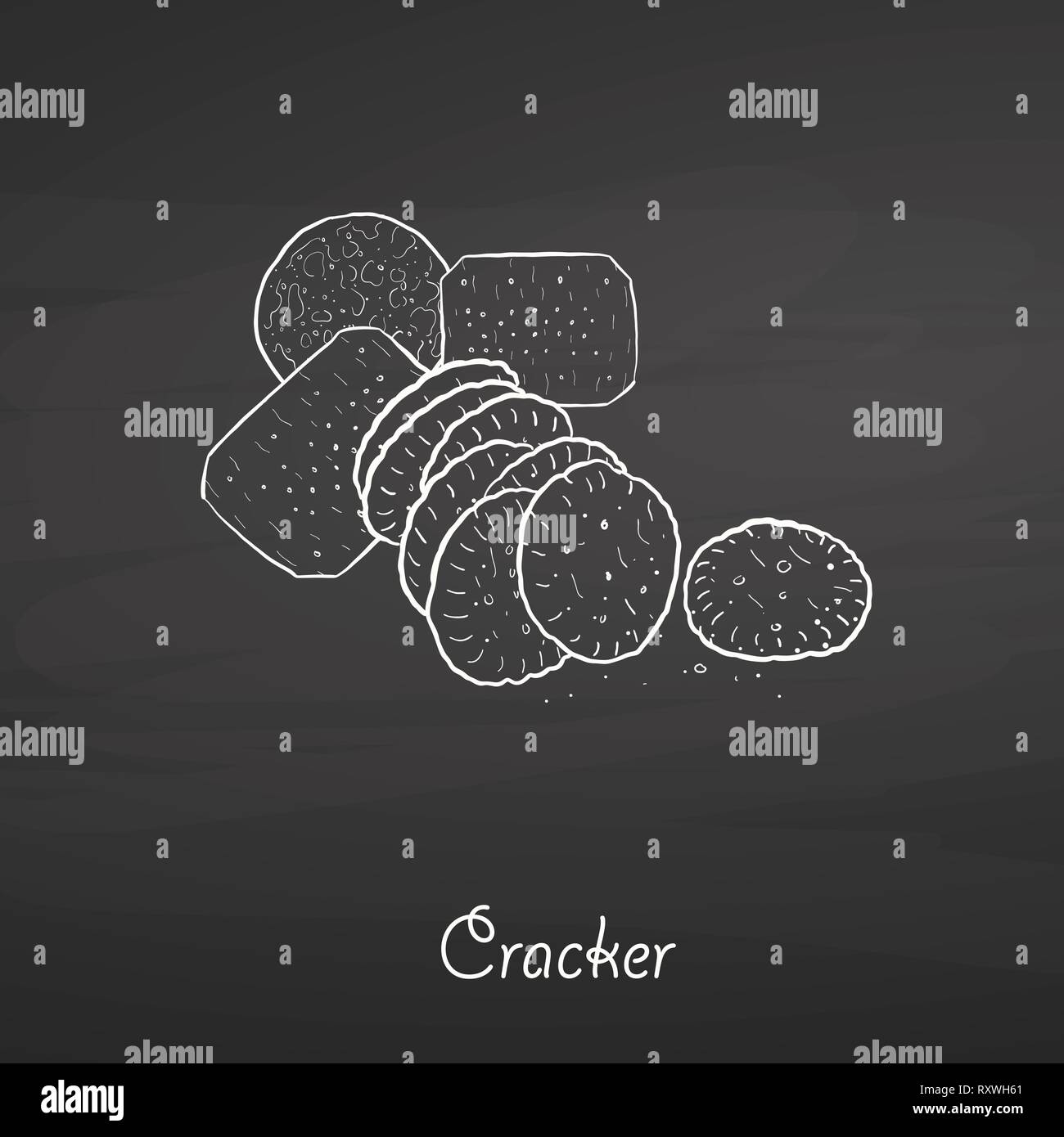 Cracker cibo disegna sulla lavagna. Vettore di disegno di pane croccante, usualmente noto a livello internazionale. Illustrazione alimentare serie. Illustrazione Vettoriale