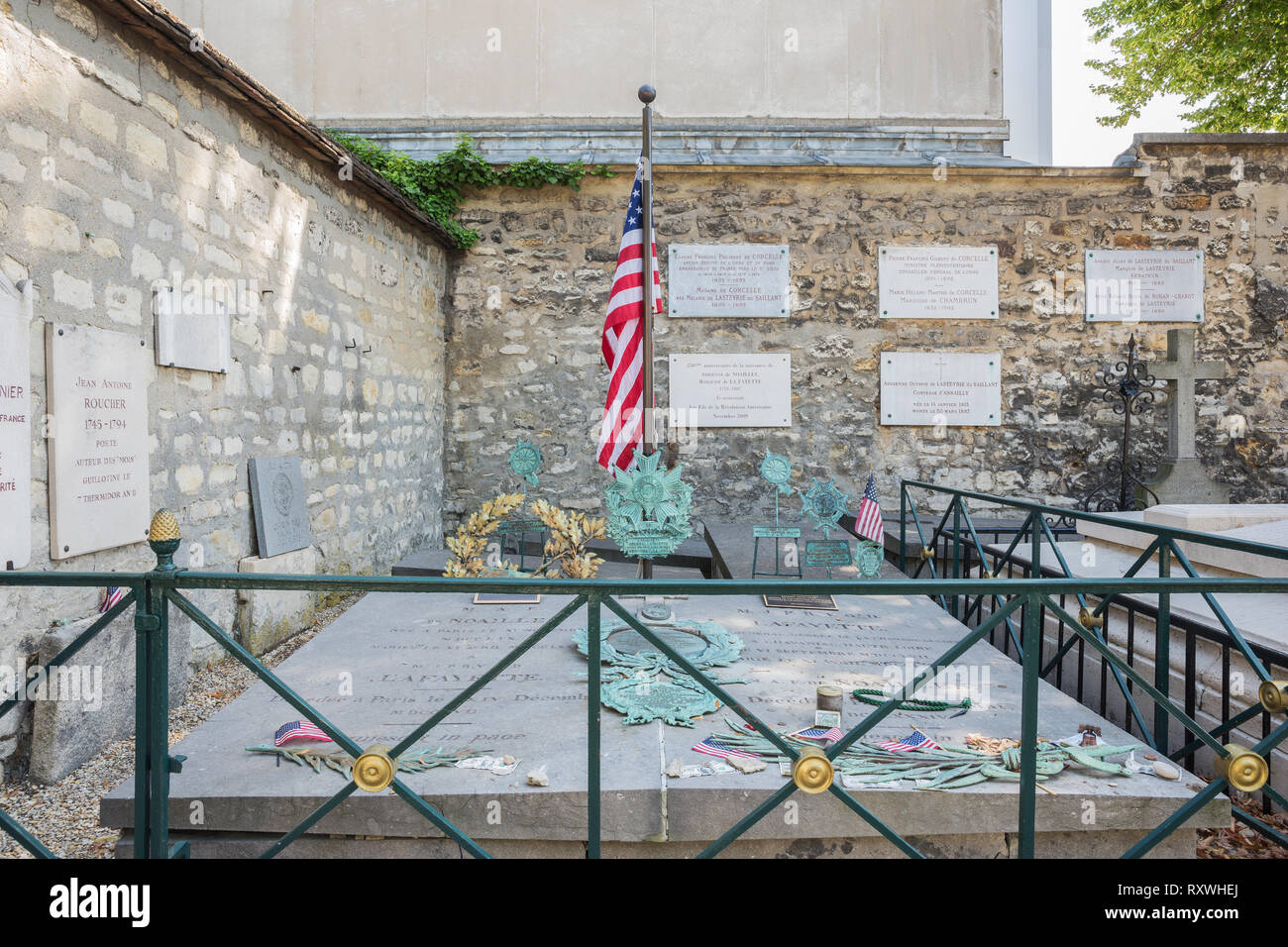 Editoriale: Parigi, ILE DE FRANCE, Francia, 04 agosto 2018 - Vista dell'ultimo luogo di riposo di generale Lafayette presso il cimitero di Picpus a Parigi Foto Stock
