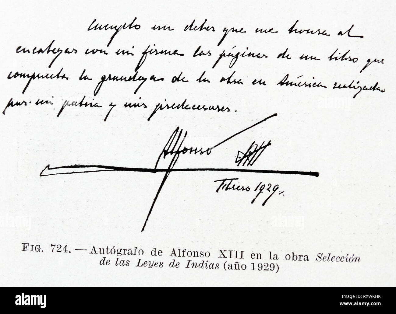 La firma del Re Alfonso XIII nel lavoro delle Leggi delle Indie (1929). Le Leggi delle Indie (leyes de las Indias) il corpo di leggi emanate dalla corona spagnola per gli americani e i filippini di possedimenti del suo impero. Essi regolati sociale, politico, religioso e la vita economica in queste aree. Le leggi sono composte da una miriade di decreti emessi nel corso dei secoli e le leggi importanti del XVI secolo che ha tentato di regolare le interazioni tra i coloni e nativi, come le leggi di Burgos (1512) e le nuove leggi (1542). Per tutto il quattrocento anni di spagnolo presenti Foto Stock