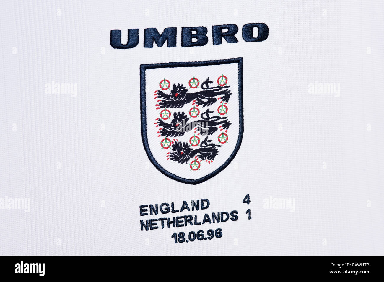 Close up di Inghilterra nazionale di calcio Euro 96 kit. Foto Stock