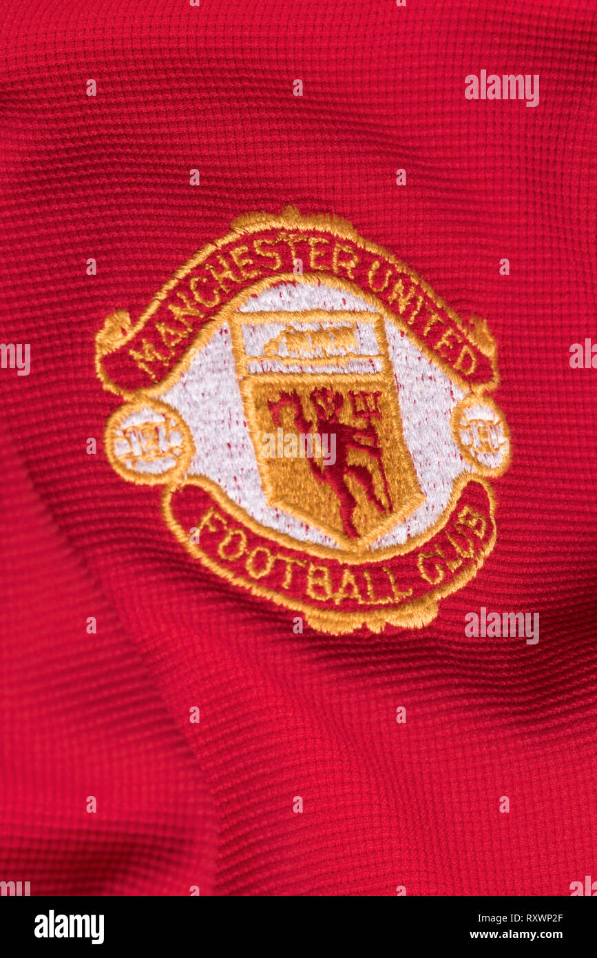 Close up di un retrò Manchester United Jersey. Foto Stock
