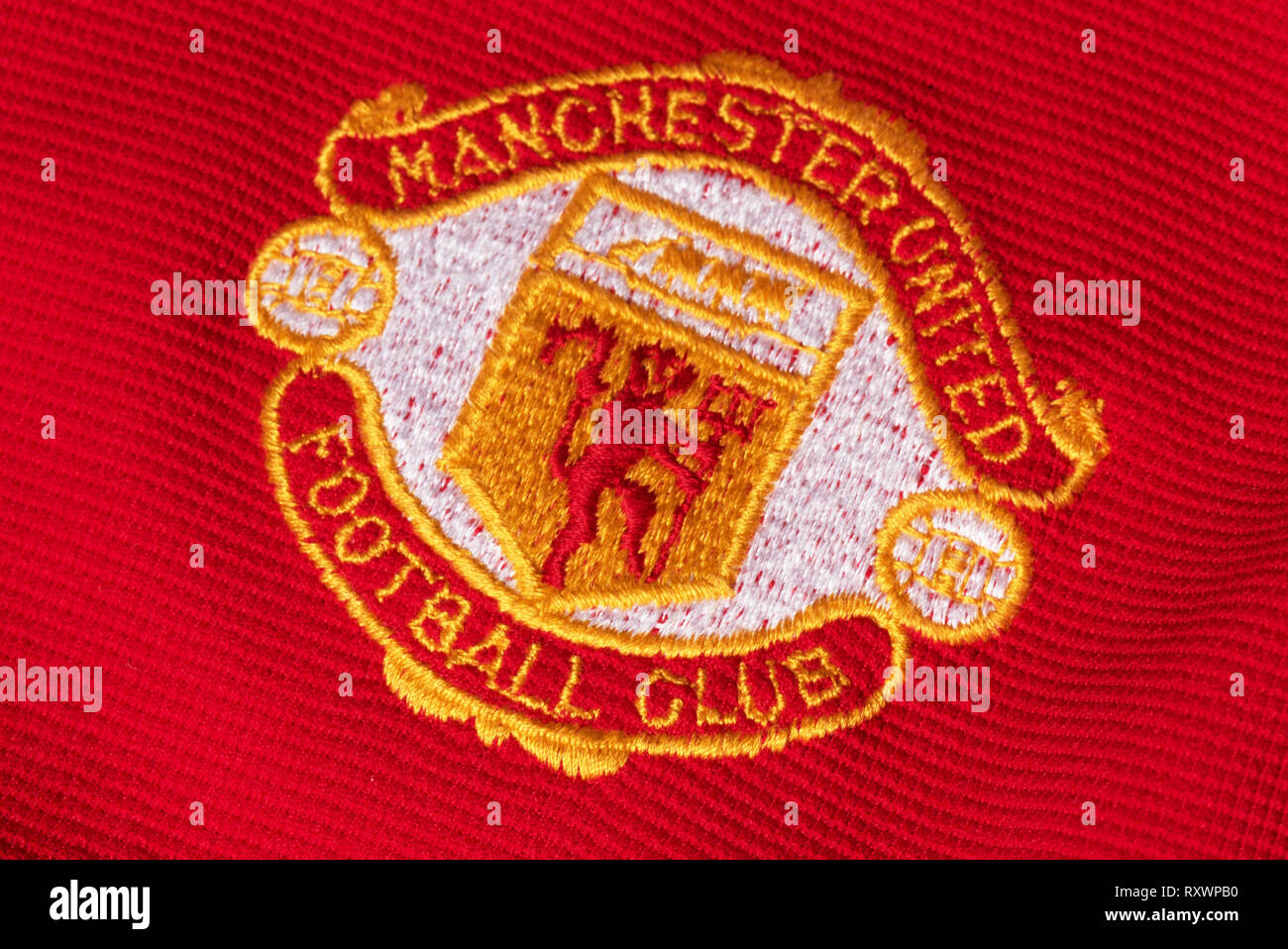 Close up di un retrò Manchester United Jersey. Foto Stock