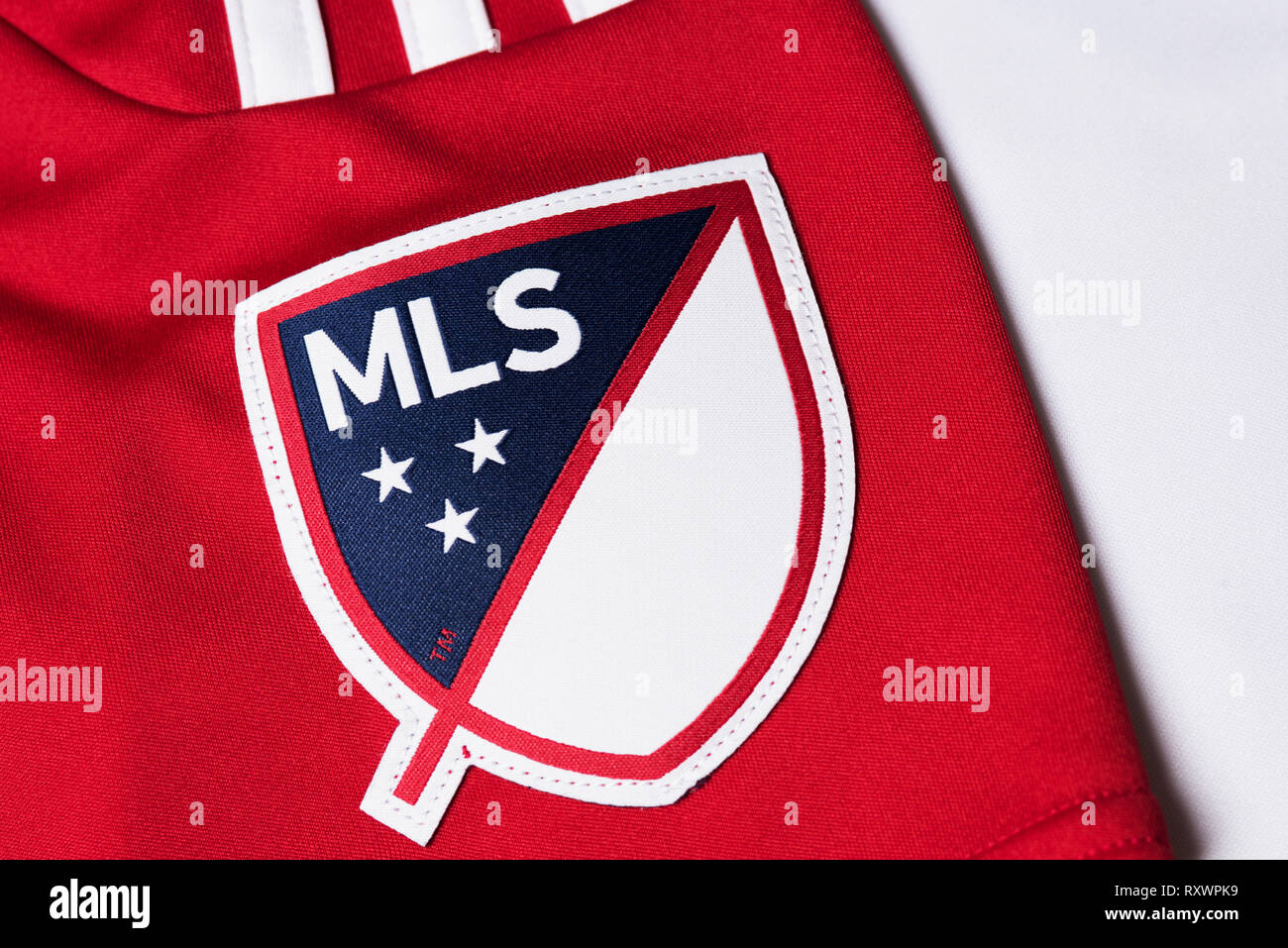 Close up di MLS badge sulla NYRB jersey. Foto Stock