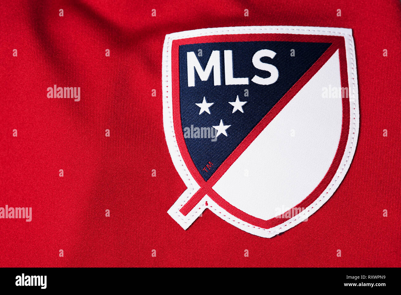 Close up di MLS badge sulla NYRB jersey. Foto Stock