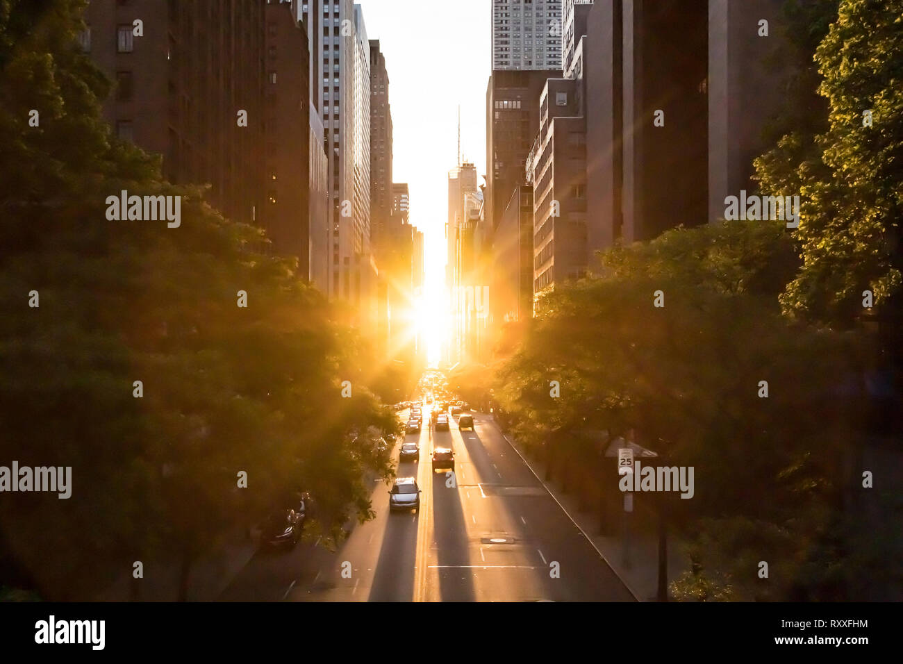 La luce del sole splende su edifici e automobili lungo 42nd Street attraverso Midtown Manhattan intorno al tramonto Manhattanhenge nella città di New York Foto Stock