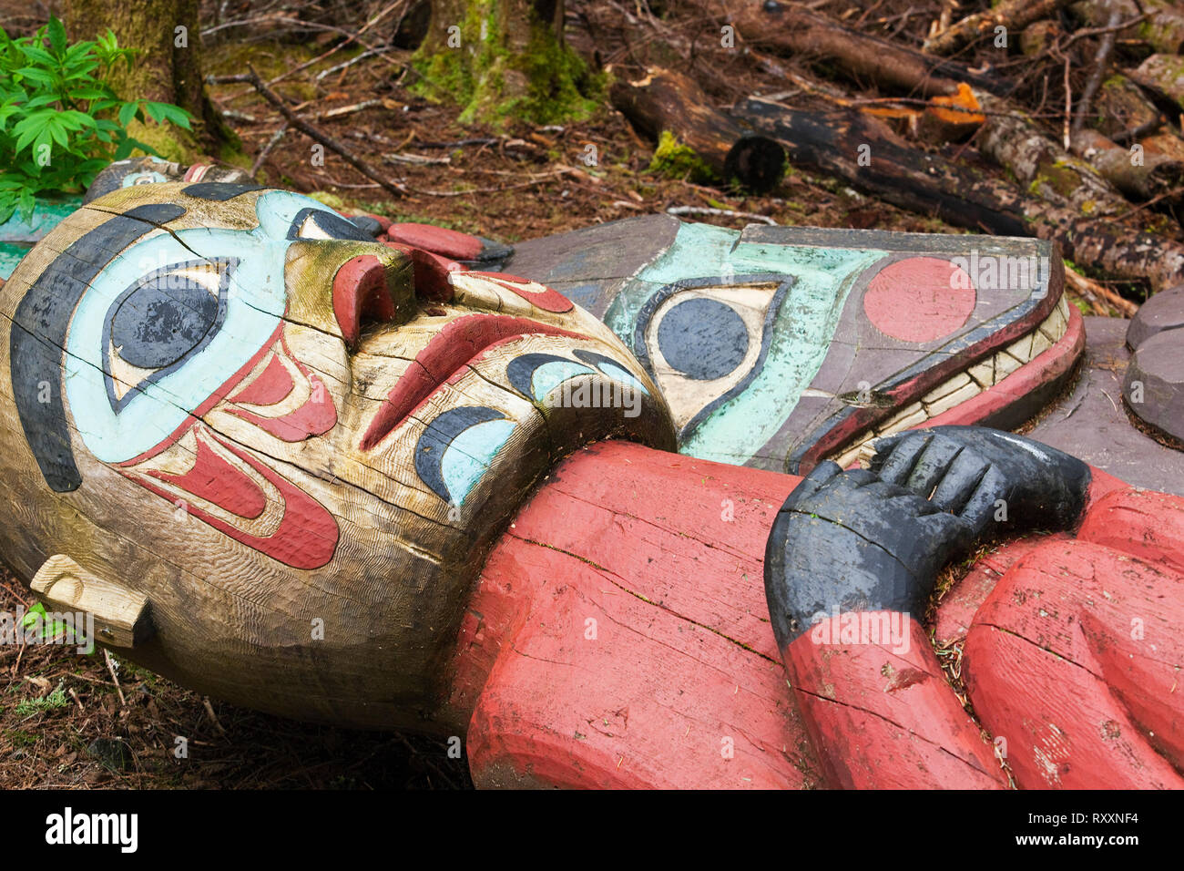 I dettagli delle due totem affiancate sul terreno al Totem Bight State Historical Park, Ketchikan, Alaska, STATI UNITI D'AMERICA Foto Stock