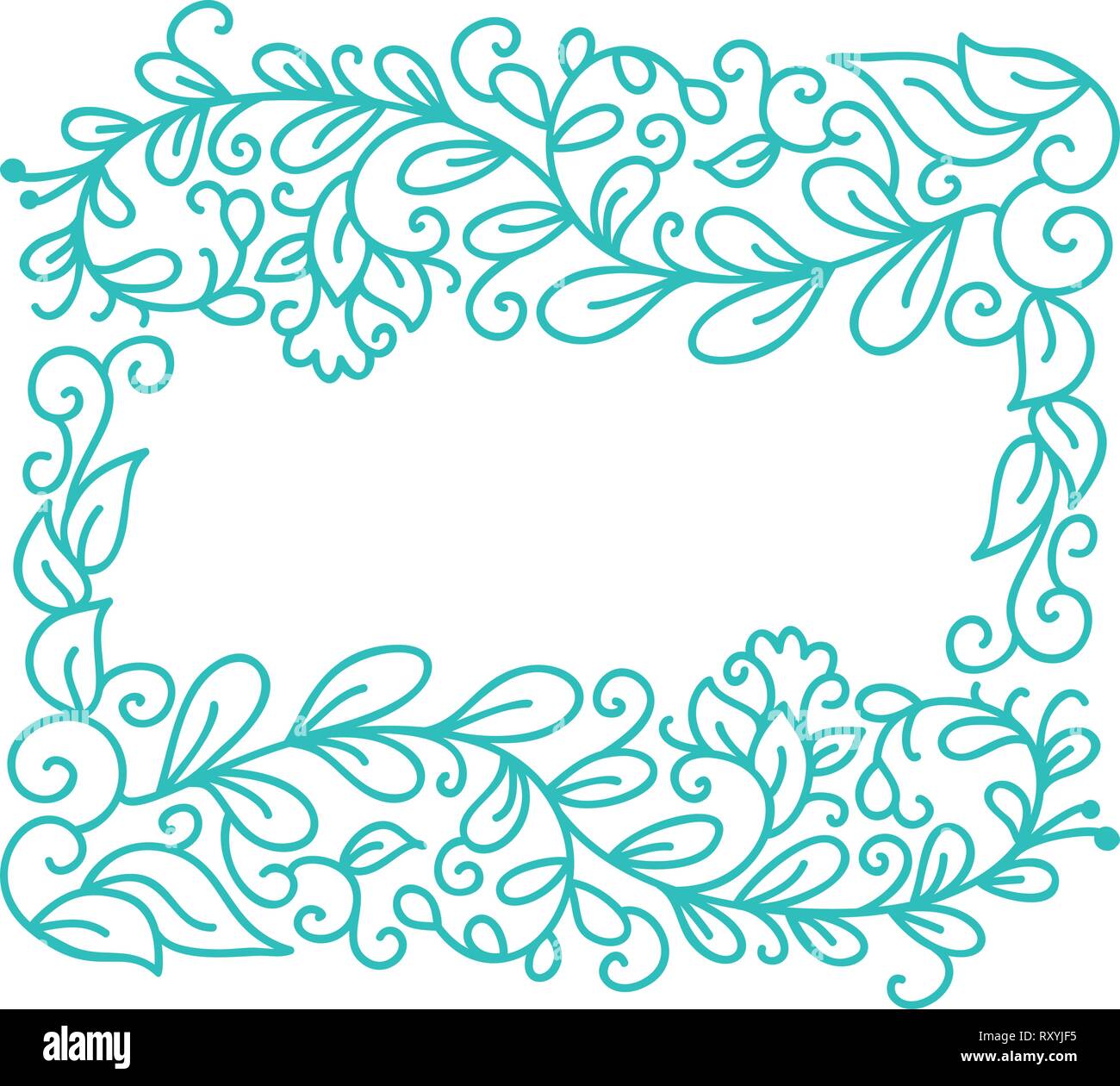 Vintage vettore turchese calligrafia monolinea fiorire telaio per il biglietto di auguri. Disegnato a mano monogramma floreali elementi. Schizzo doodle design con posto Illustrazione Vettoriale