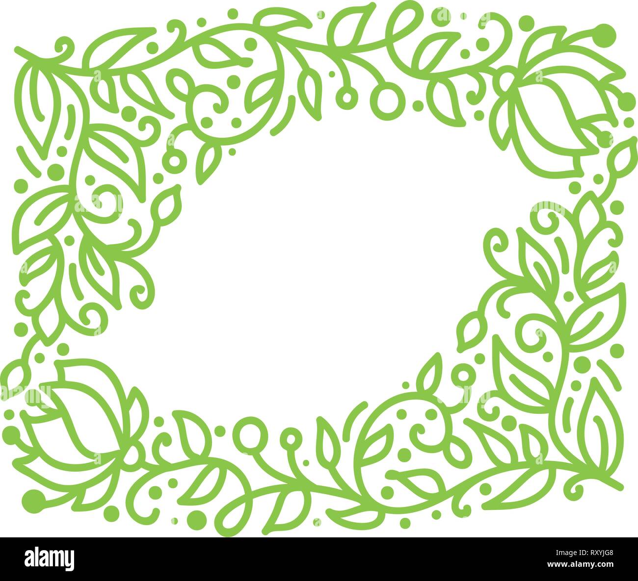 Vettore verde calligrafia monolinea fiorire telaio per il biglietto di auguri. Vintage disegnato a mano monogramma floreali elementi. Schizzo doodle design con posto per Illustrazione Vettoriale