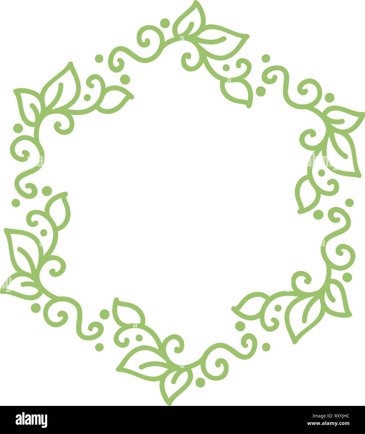 Vettore verde calligrafia monolinea fiorire telaio per Vintage greeting card. Disegnato a mano monogramma floreali elementi. Schizzo doodle design con posto per Illustrazione Vettoriale