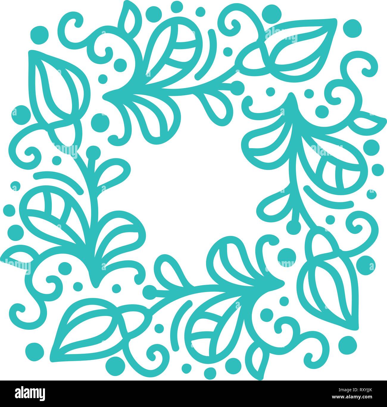 Vettore di turchese calligrafia monolinea fiorire telaio per il biglietto di auguri. Vintage disegnato a mano monogramma floreali elementi. Schizzo doodle design con posto Illustrazione Vettoriale