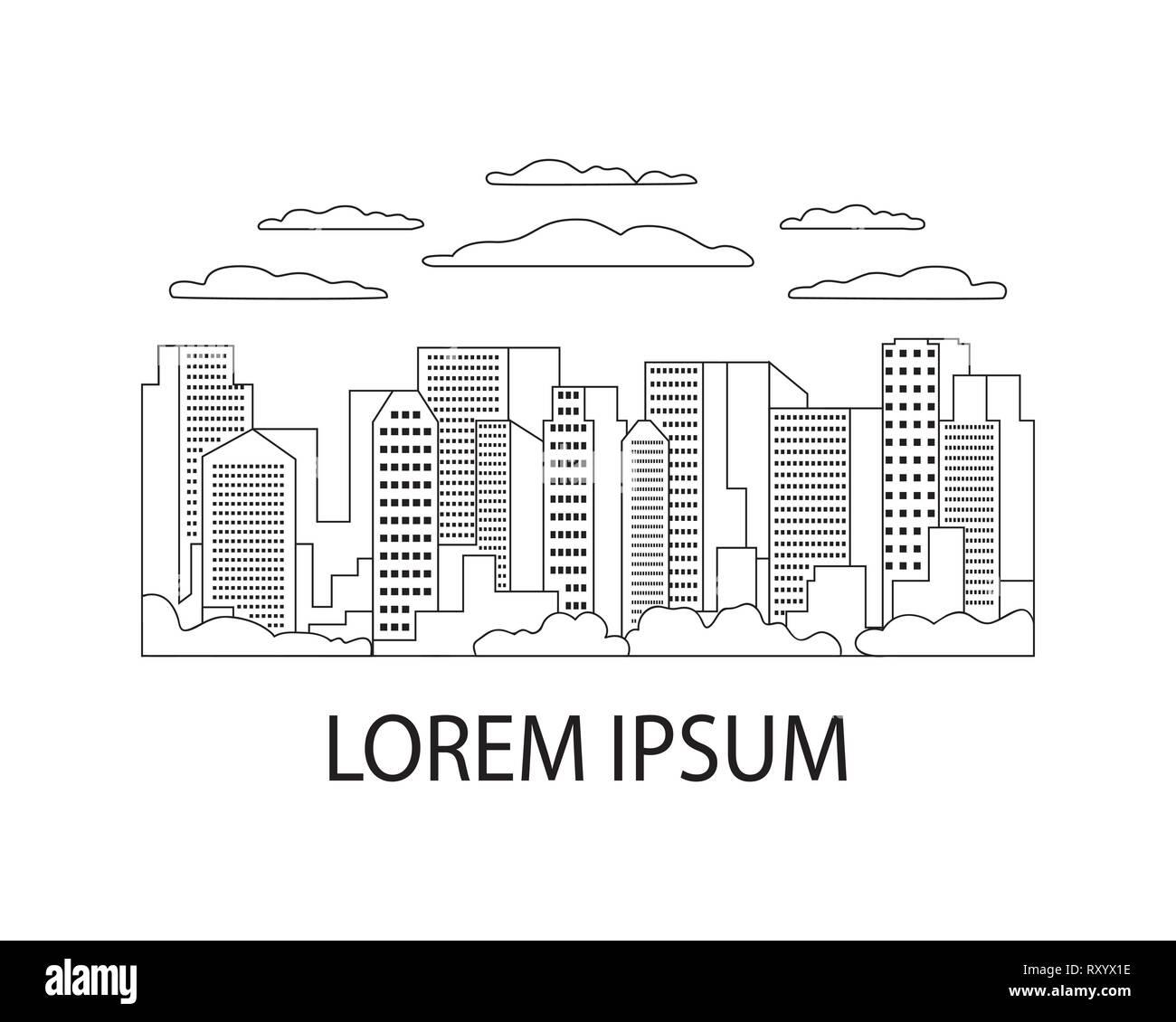 Linea sottile città icona del paesaggio. Design panorama urbano della città moderna con alti grattacieli, edifici, sky, nuvole. Linea di stile arte astratta, backround lin Illustrazione Vettoriale