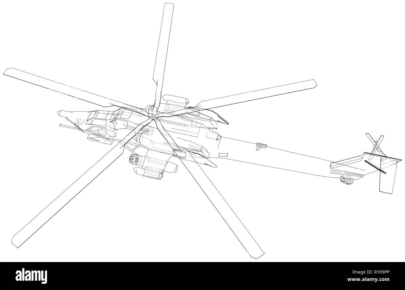 Disegno di elicottero, vettore concetto wireframe. Creato illustrazione di 3d. Gli strati di visibile e invisibile di linee sono separate. Illustrazione Vettoriale