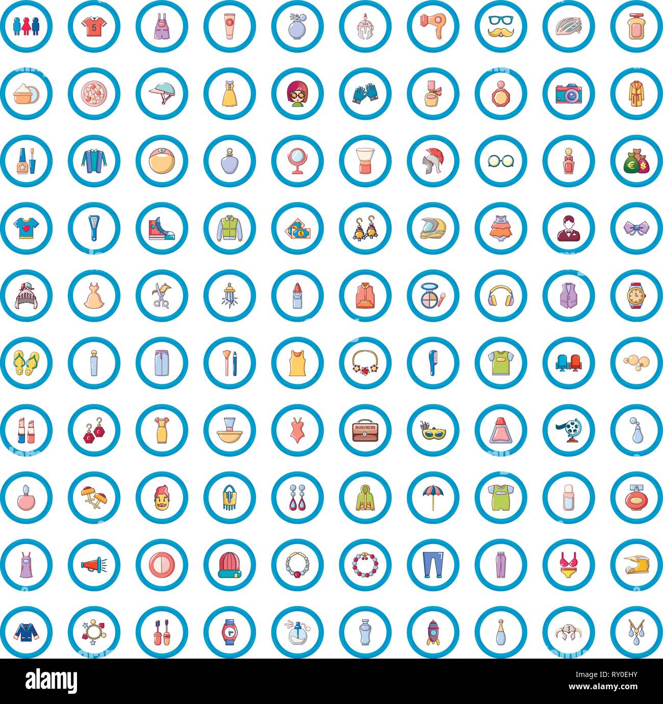 100 icone della moda, stile cartoon Illustrazione Vettoriale