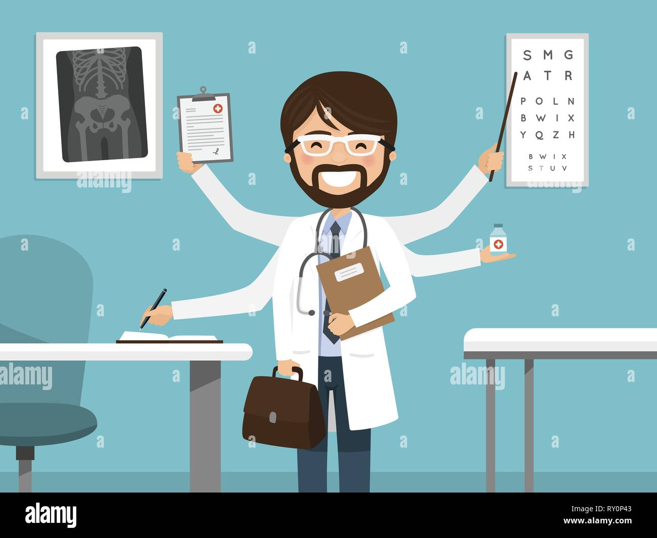 Il Multitasking occupato medico maschio sorridente. Posizione professionale in ospedale. Illustrazione Vettoriale Illustrazione Vettoriale