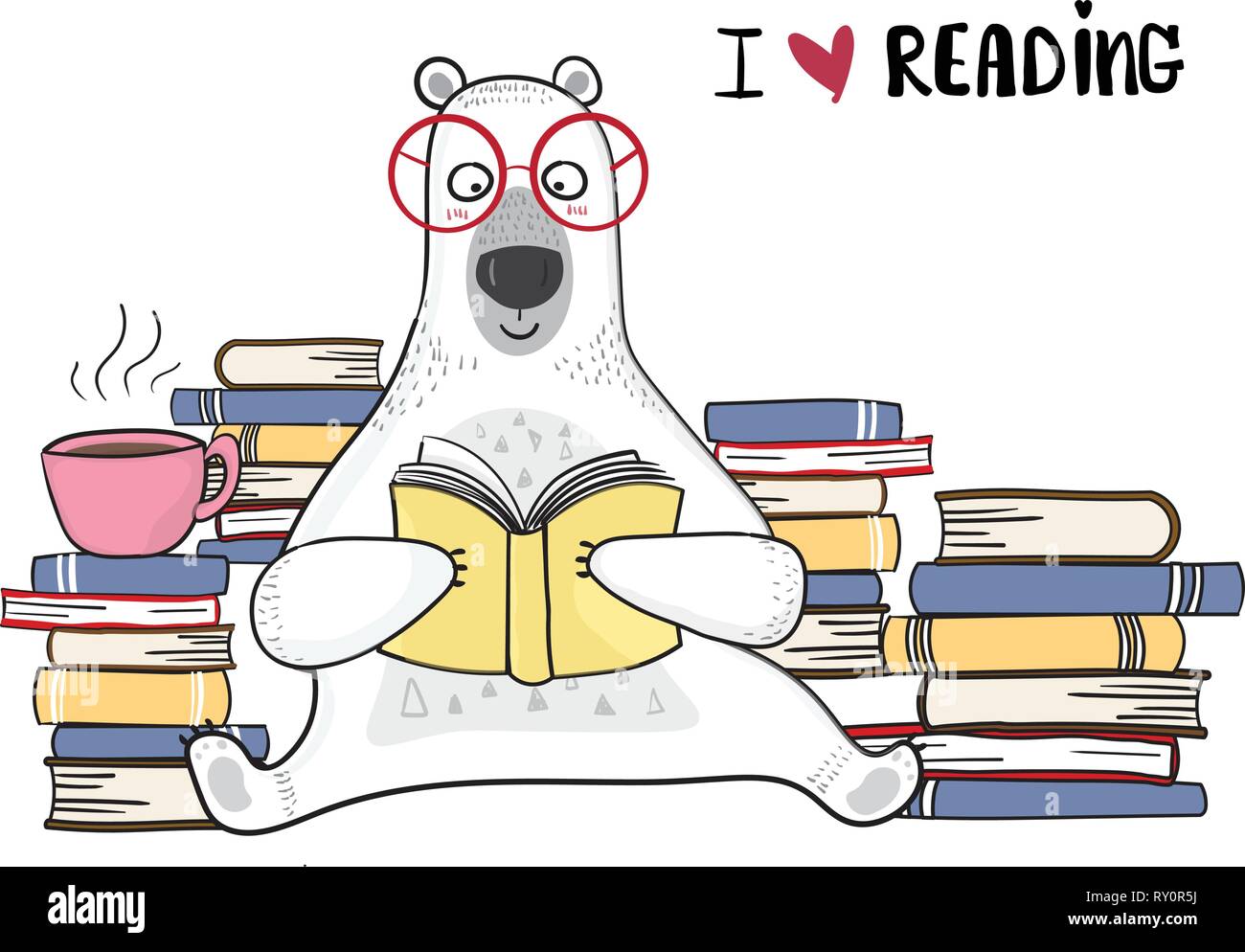 Simpatico orso bianco in bicchieri rossi è la lettura di prenotare con la pila di libri Illustrazione Vettoriale