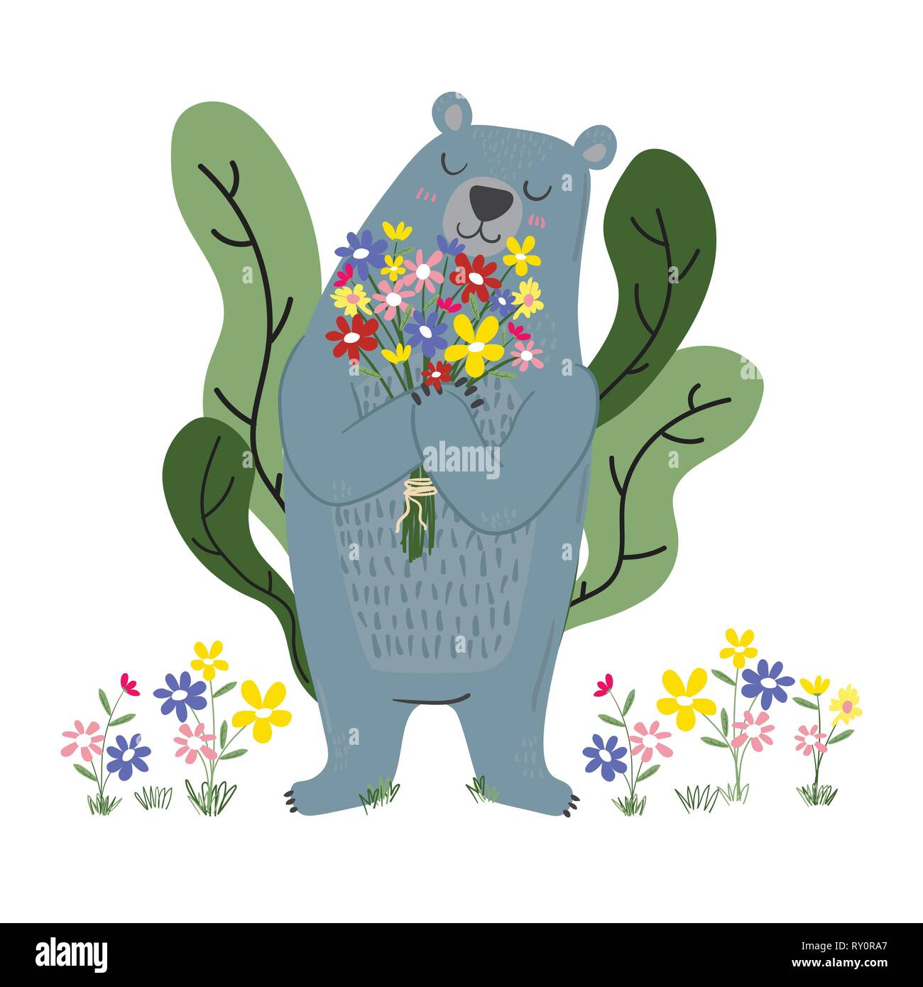 Simpatico orso blu holding fiori nel giardino Illustrazione Vettoriale