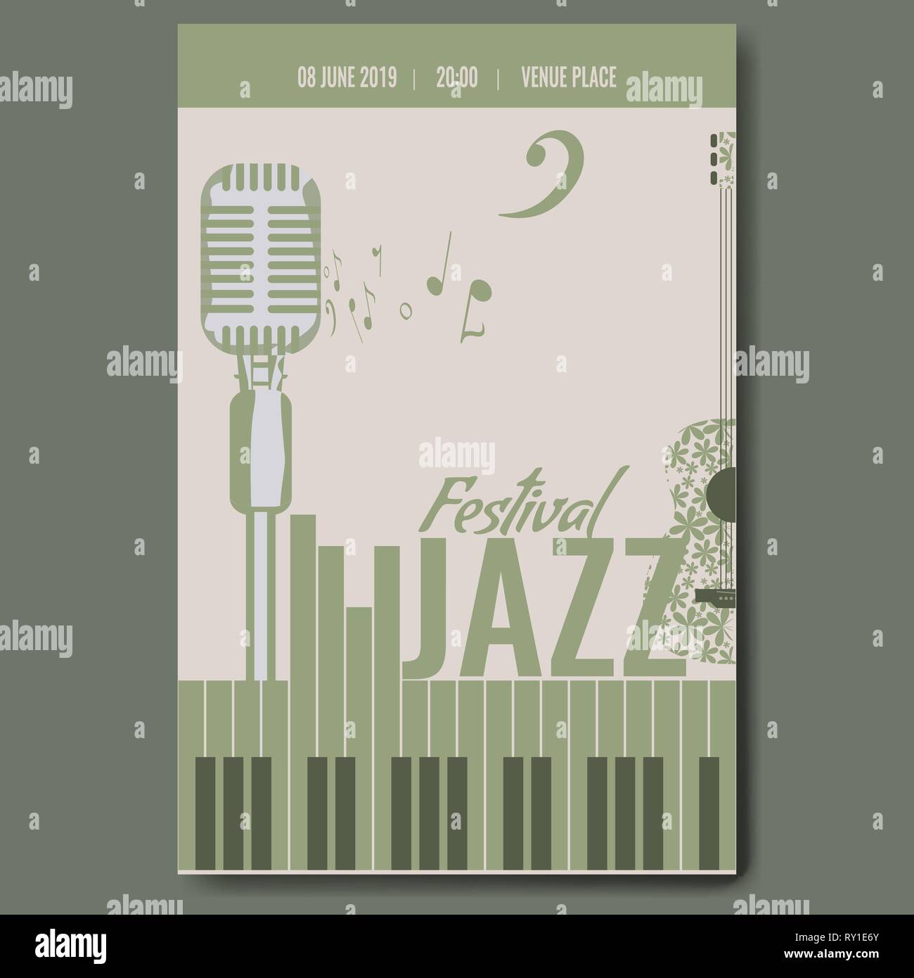 Festival di Jazz concerto modello poster con design retrò vintage mike silhouette e tastiera di pianoforte e chitarra di fiori. Illustrazione Vettoriale. Illustrazione Vettoriale