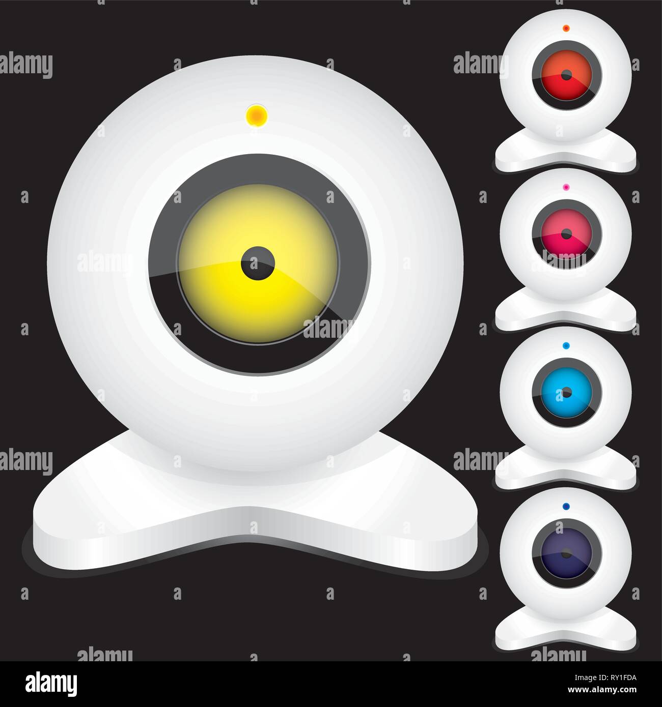 Serie di webcam bianco con luci luminose, parte 2, isolato su nero,illustrazione vettoriale Illustrazione Vettoriale