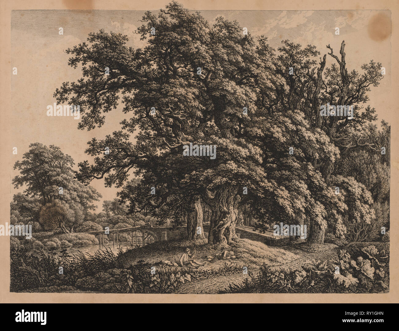 Paesaggio e ponte con tre figure. Carl Wilhelm mi Kolbe (Tedesco, 1757-1835). Incisione Foto Stock