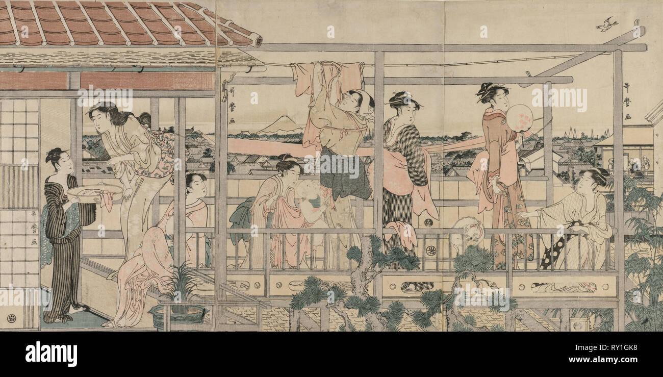 Le donne i panni appesi ad asciugare su un balcone , primi 1790s. Kitagawa Utamaro (giapponese, 1753?-1806). Colore stampa woodblock; complessivo: 38,2 x 26 cm (15 1/16 x 10 1/4 in Foto Stock