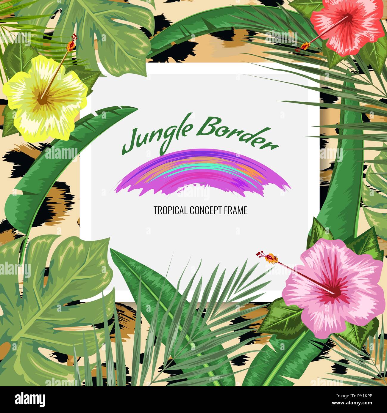 Sfondo tropicale con cornice o telaio realizzato in fiore tropicale e foglie e posto per il testo e a pelle di leopardo dello sfondo. Appartamento illustrazione vettoriale. Illustrazione Vettoriale