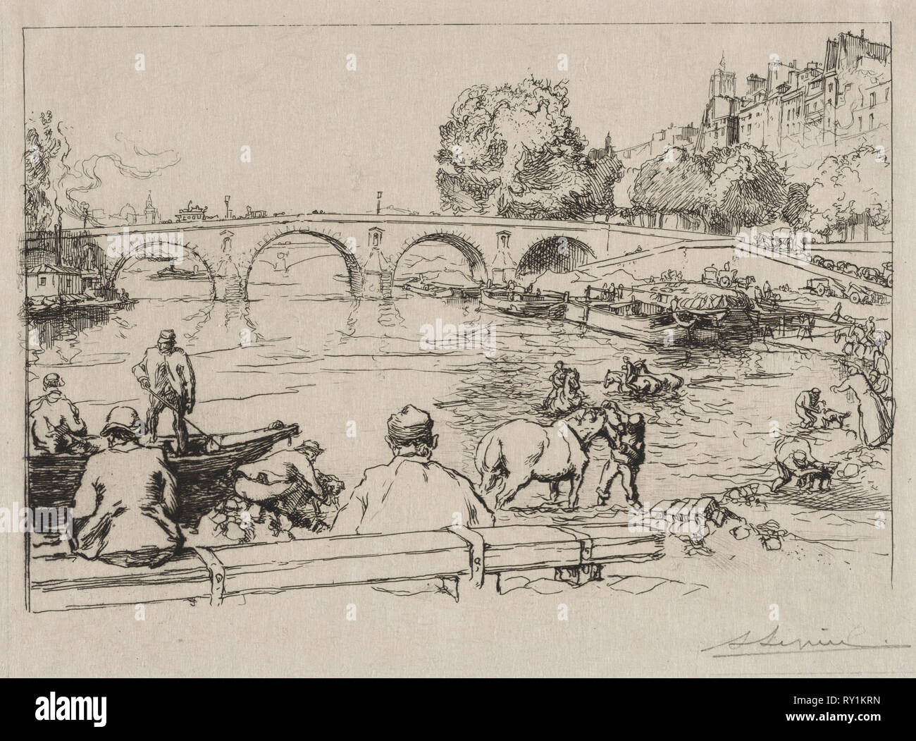 L'Abreuvoir a Pont Marie, 1912. Auguste Louis Lepère (Francese, 1849-1918). Attacco Foto Stock