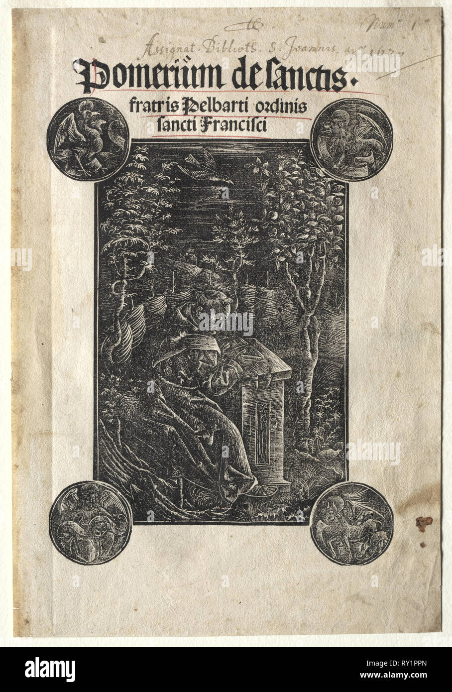 Pelbart di Temesvar studiare in un giardino, 1620. Johann Otmar(?). Xilografia Foto Stock