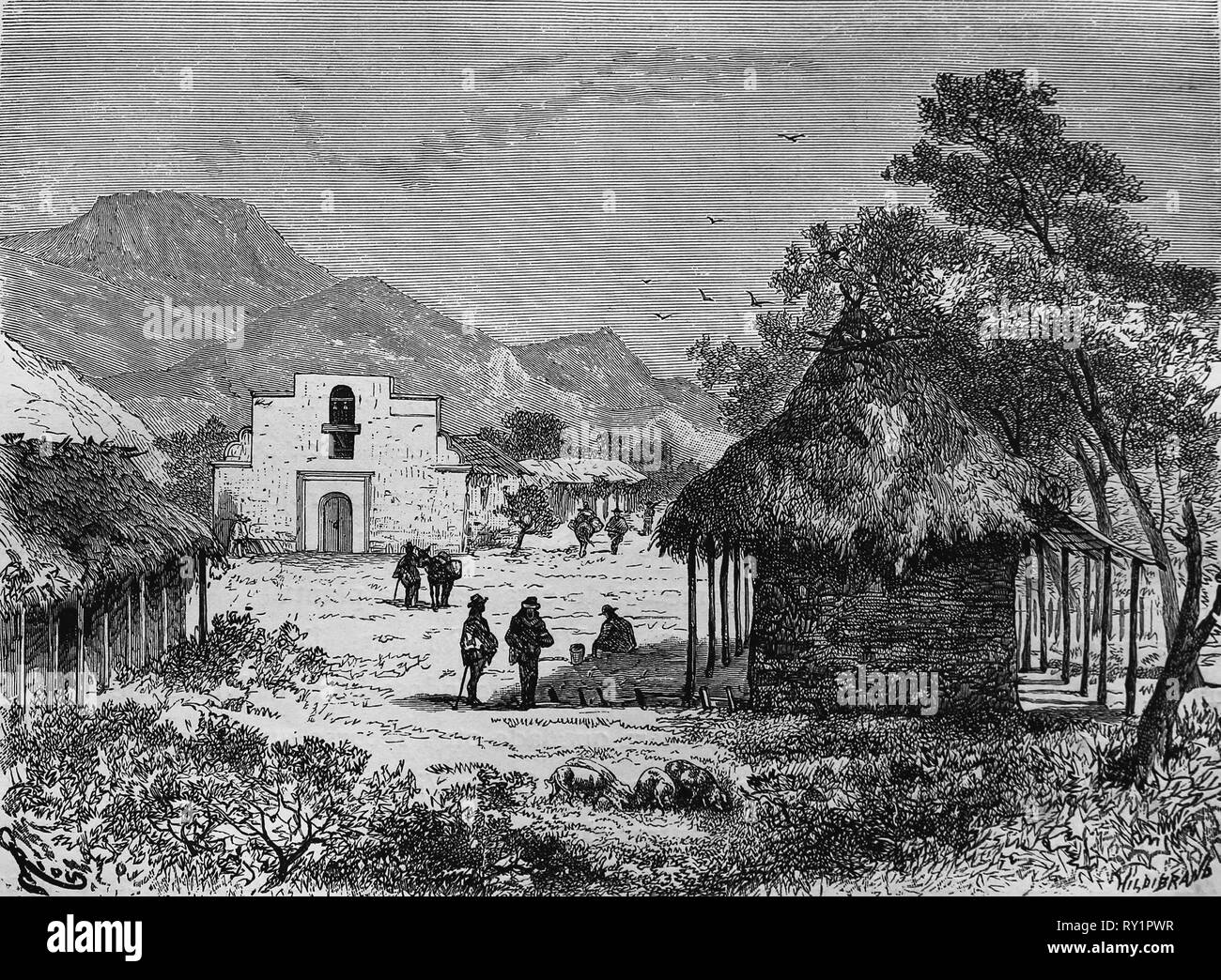 America equonoccial. La Colombia. Una strada di Guataquie. Incisione. Il pittoresco America, 1884. Foto Stock