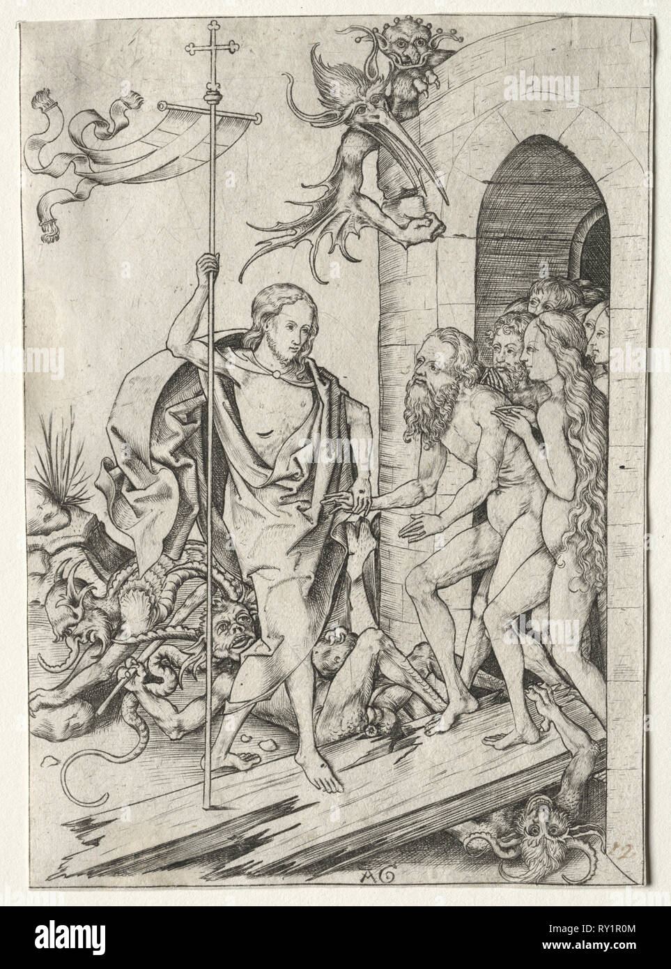 La passione di Gesù Cristo: la discesa nel Limbo, 1400s. Master AG (Germania). L'incisione; foglio: 14,7 x 10,5 cm (5 13/16 x 4 1/8 in.); mat dimensioni: 36,3 x 24,5 cm (14 5/16 x 9 5/8 in Foto Stock