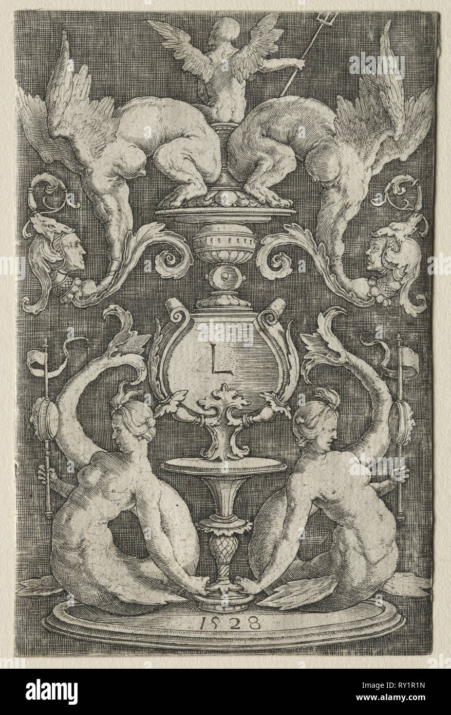 Pannello di ornamento, 1528. Lucas van Leyden (Olandese, 1494-1533). Incisione Foto Stock