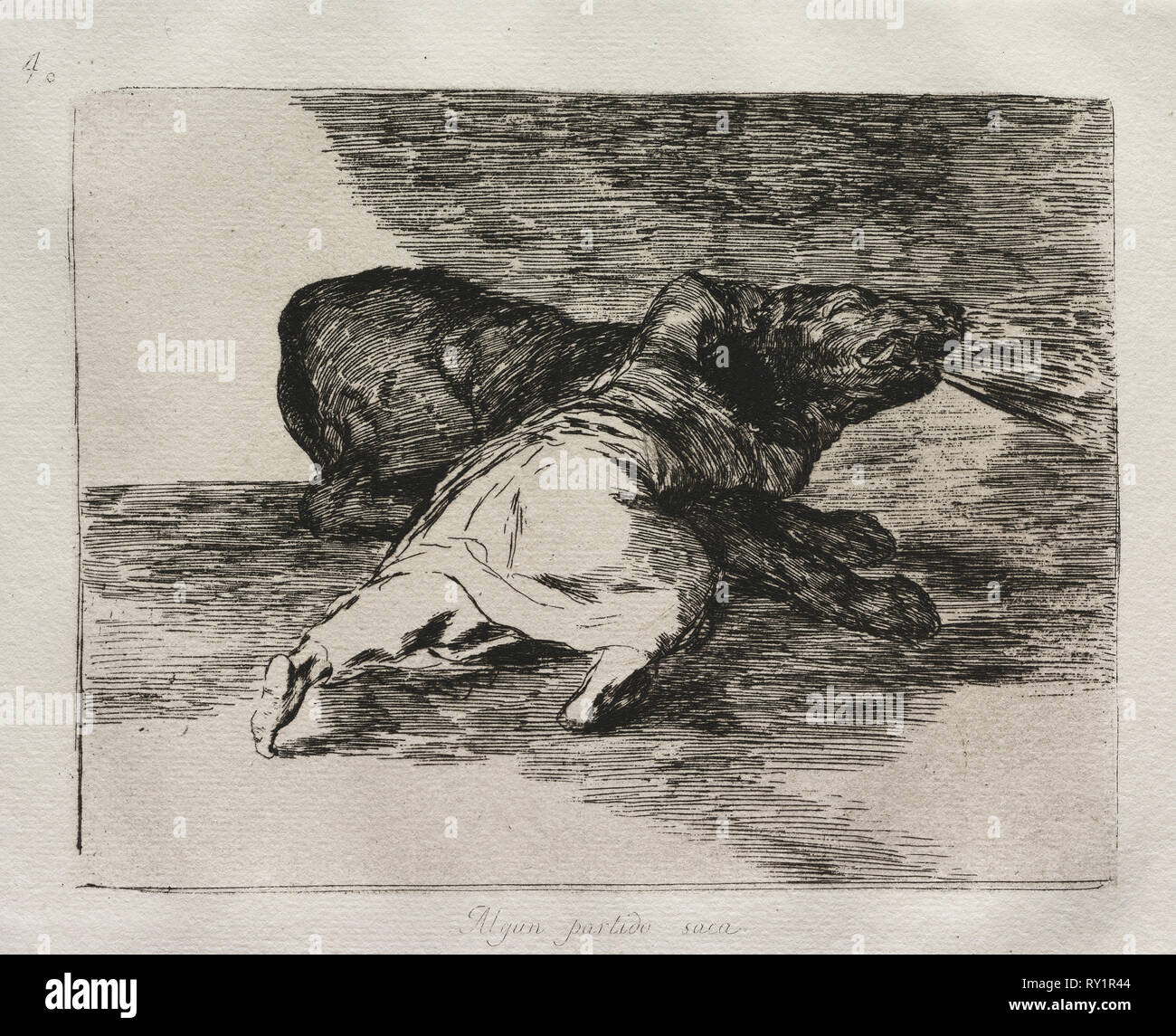 Gli orrori della guerra: egli riceve qualcosa di fuori di esso.. Francisco de Goya (Spagnolo, 1746-1828). Incisione e la puntasecca Foto Stock