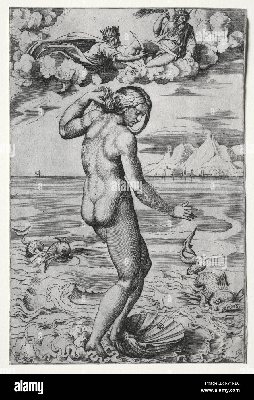 La Nascita di Venere, c. 1516. Marco Dente (Italiano, c. 1486-1527), dopo Raphael (Italiano, 1483-1520). Incisione Foto Stock
