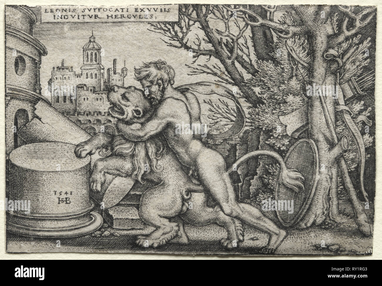 Le Fatiche di Ercole: Hercules soffoca il leone nemeo, 1548. Hans Sebald Beham (Tedesco, 1500-1550). Incisione Foto Stock