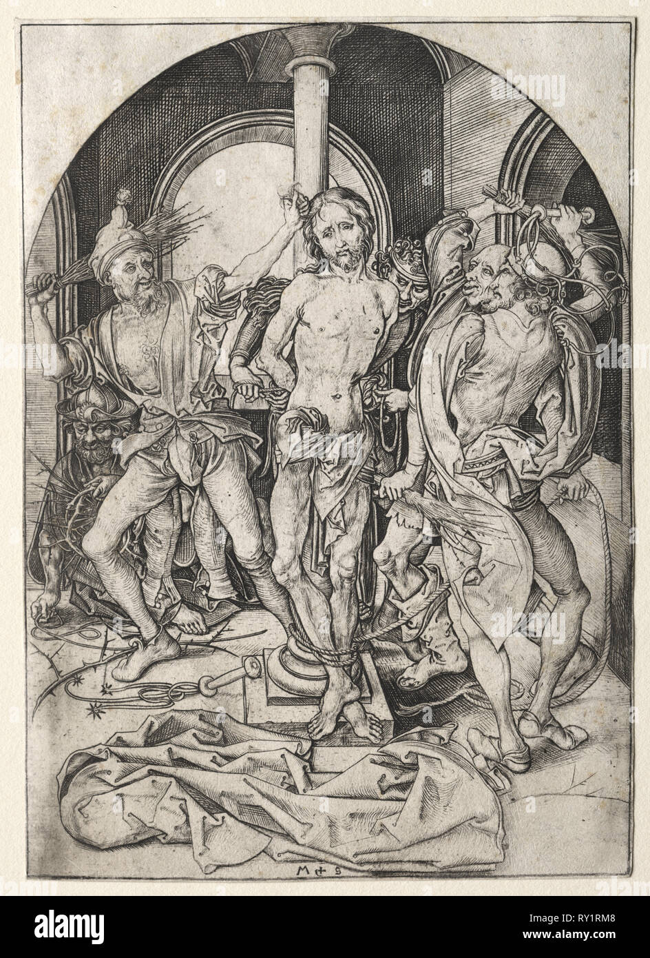 La passione di Gesù Cristo: la flagellazione. Martin Schongauer (tedesco, c.1450-1491). Incisione Foto Stock
