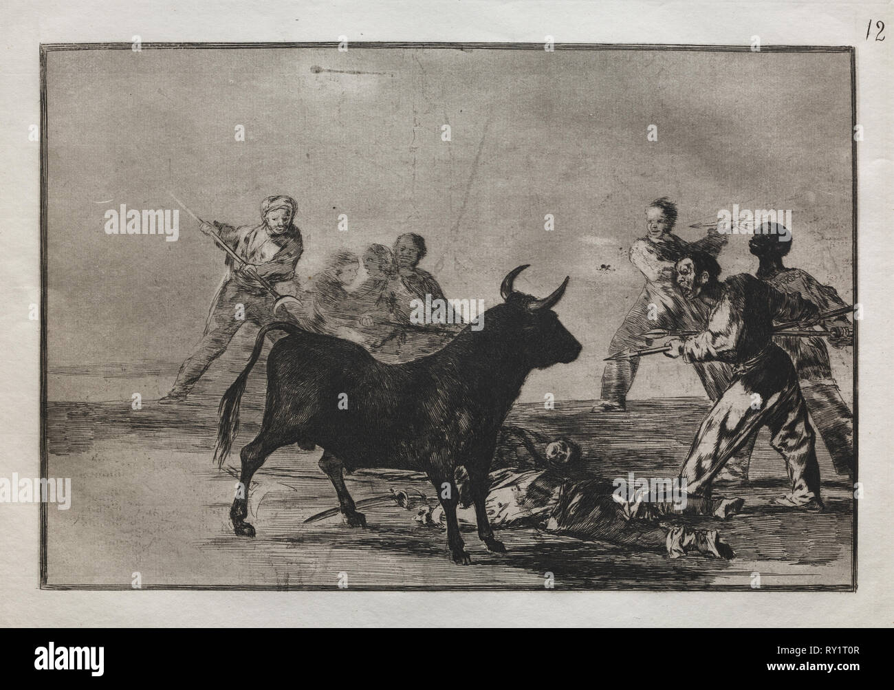 Corride: la marmaglia Hamstringing il Toro con lance, Falci, Banderillas e altre armi, 1876. Francisco de Goya (Spagnolo, 1746-1828). Incisione Foto Stock