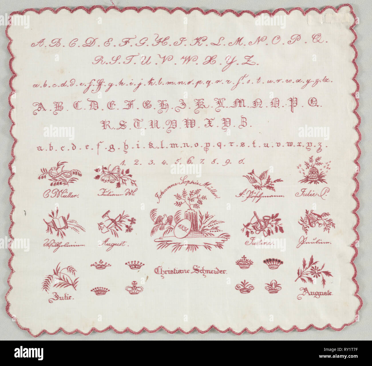 Il campionatore 1831. In Germania, all'inizio del XIX secolo. Ricamato cotone; complessivo: 34 x 36,5 cm (13 3/8 x 14 3/8 in Foto Stock