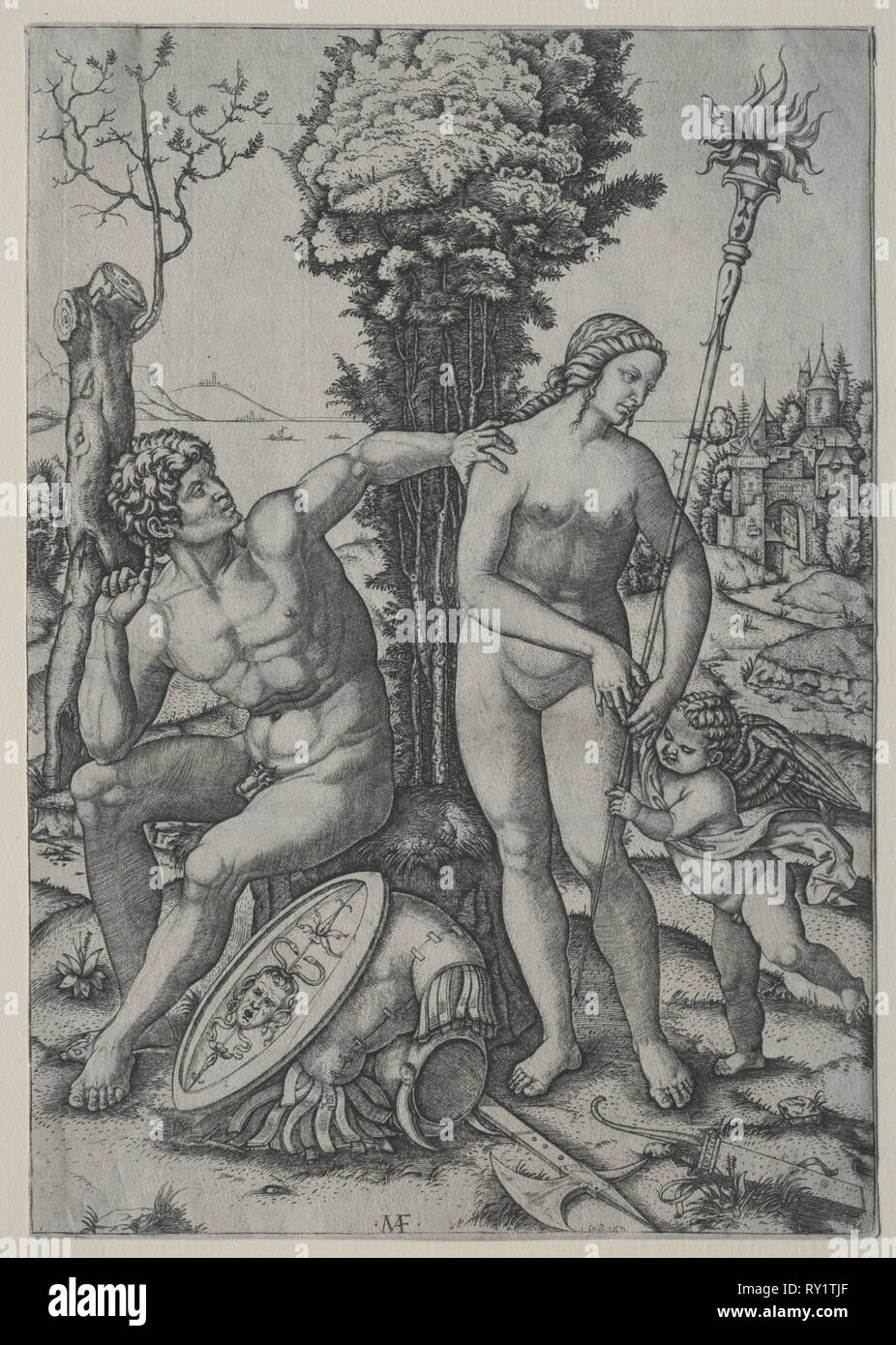 Venere, Marte e Cupido, 1508. Marcantonio Raimondi (italiano, 1470/82-1527/34). Incisione Foto Stock