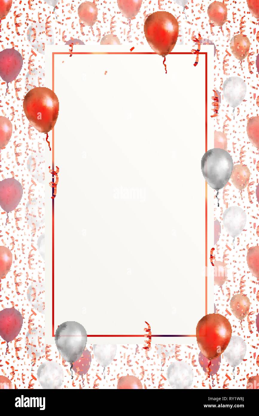 Bella verticale con sfondo rosso brillante serpentina, coriandoli e palloncini su bianco con vuoto modello di pagina di intestazione Illustrazione Vettoriale