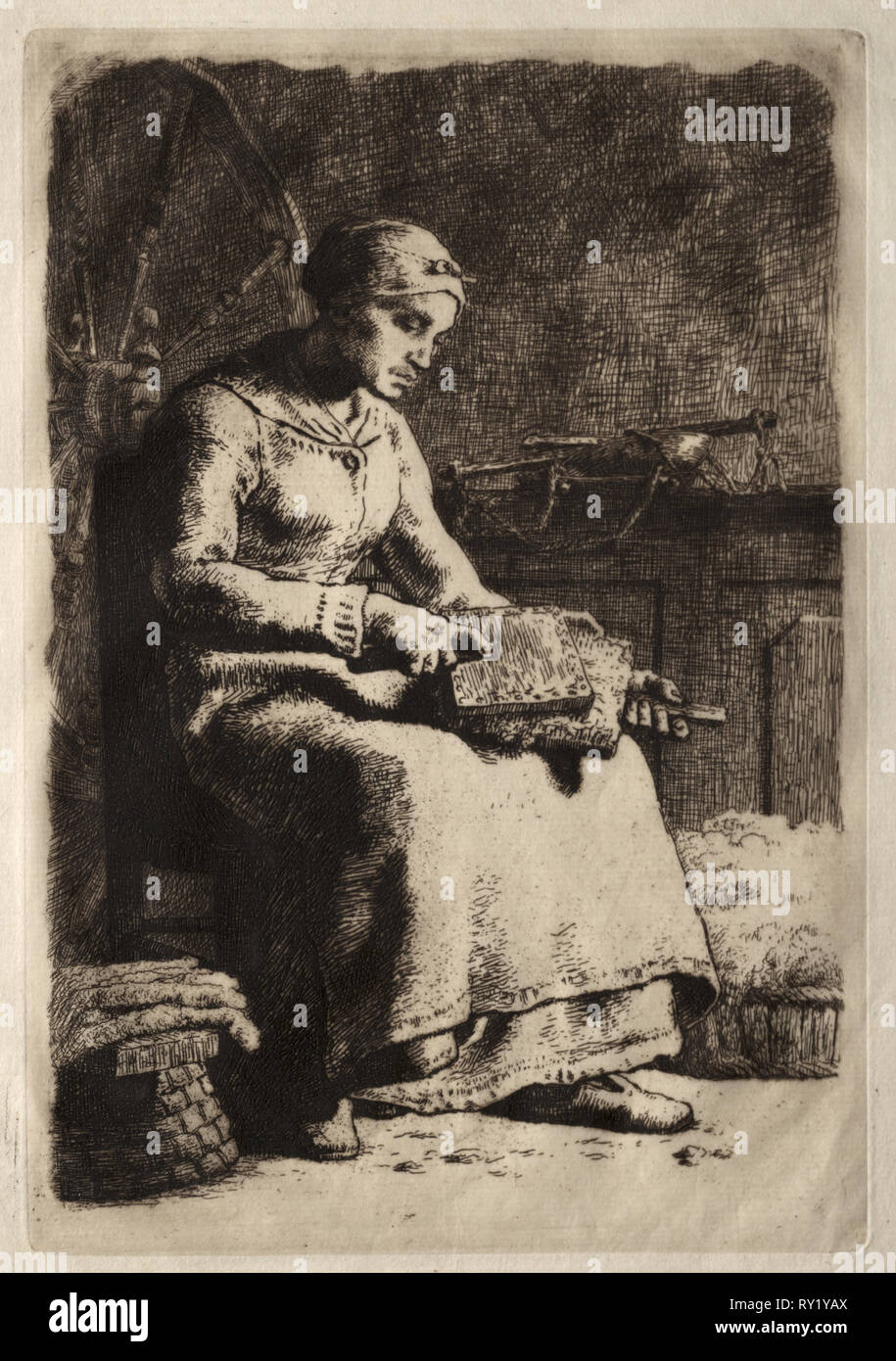 La donna la cardatura. Jean-François Millet (Francese, 1814-1875). Attacco Foto Stock